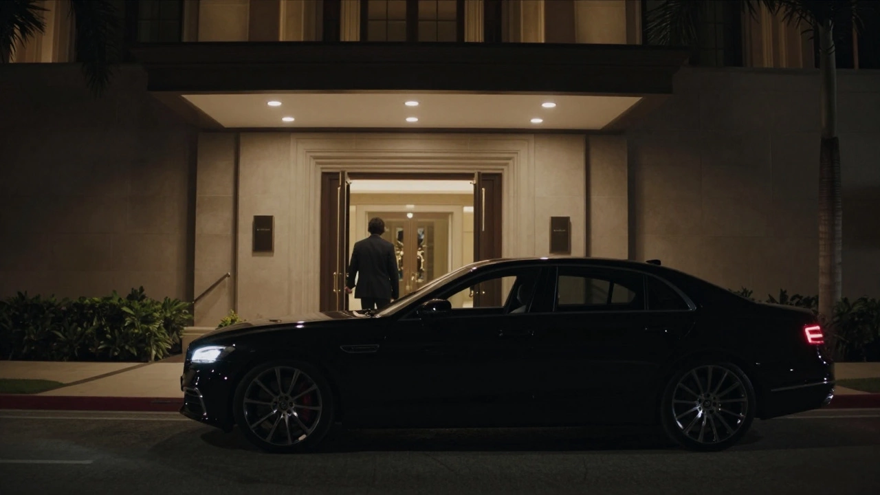 A black luxury car arrives at a discreet hotel entrance in Dubai under nighttime shadows.