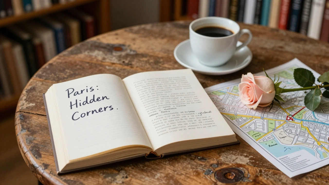 A handwritten note and map lie beside a coffee cup and rose in a quiet Parisian library reading room.